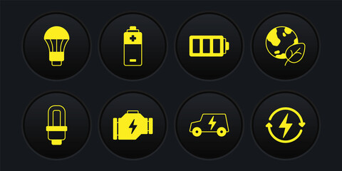 Set LED light bulb, Earth globe and leaf, Check engine, Electric car, Battery, Recharging and icon. Vector