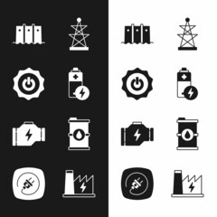 Set Battery, Power button, Hydroelectric dam, Electric tower, Check engine, Bio fuel barrel, Nuclear power plant and plug icon. Vector