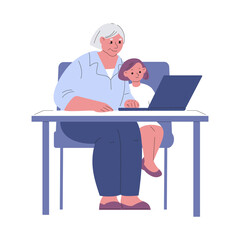 Grandmother and granddaughter are sitting with a laptop. Vector illustration in a flat style.