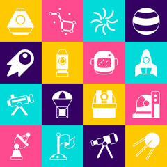 Set Satellite, Astronaut helmet, Rocket ship, Black hole, Comet falling down fast, Space capsule and icon. Vector