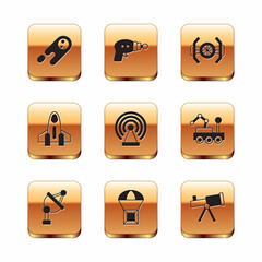 Set Comet falling down fast, Satellite dish, Box flying on parachute, Radar, Rocket ship, Cosmic, Telescope and Ray gun icon. Vector