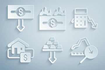 Set Gold bars, Calculation of expenses, Hanging sign with Sale, Global economic crisis, Burning dollar bill and Dollar rate decrease icon. Vector