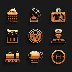 Set Radar with targets on monitor, Airship, Helicopter landing pad, Pilot, Conveyor belt suitcase, Plane, Suitcase and Cloud rain icon. Vector