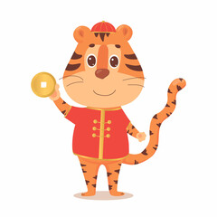 Chinese new year greeting card 2022 with cute tiger in traditional costume and gold money. Vector illustration