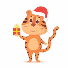 Cartoon chinese tiger with New year red hat and gift box. Vector illustration isolated on white background