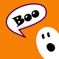 Fototapeta premium Flying ghost spirit throught text Boo. Witch hat. Happy Halloween. Scary white ghosts. Orange background. Greeting card.