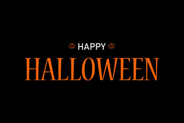 Happy halloween orange and white text with pumpkin on black background.