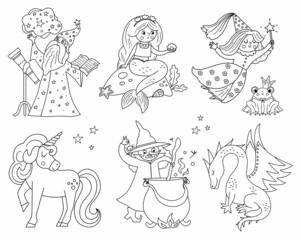 Fototapeta na wymiar Fairy tale black and white characters collection. Vector line set with fantasy witch, unicorn, dragon, fairy, magician, mermaid, frog prince. Medieval fairytale castle pack. Cartoon magic icons