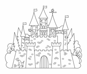 Fototapeta premium Vector black and white castle icon isolated on white background. Magic kingdom line picture. Medieval stone palace with towers, flags, gates. Fairy tale king house illustration or coloring page.