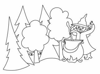 Fairy tale black and white vector magic forest illustration with witch, preparing potion in cauldron. Fairytale or Halloween fantasy line scene. Cartoon magic coloring page.