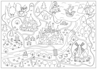 Fairytale black and white kingdom map. Medieval village line background. Vector fairy tale castle infographic elements with sea, mountains, forest, ship. Fantasy town coloring page.