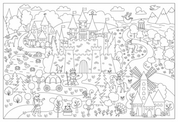 Vector black and white fairytale kingdom illustration. Fantasy line castle and characters picture. Cute magic fairy tale background with palace. Medieval village landscape or coloring page.