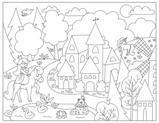 Vector black and white Medieval village landscape with princess and unicorn. Magic kingdom coloring page. Stone and wooden line building surrounded by magic forest illustration.