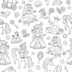 Fairy tale black and white princess seamless pattern. Repeat line background with fantasy girl, carriage, mermaid, unicorn frog prince, swan. Outline magic fairytale maid digital paper.