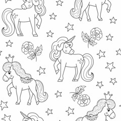 Vector black and white seamless pattern with unicorn, rose, stars, crowns. Fairy tale outline princess repeat background. Girlish cartoon magic coloring page with fantasy horses and flowers.