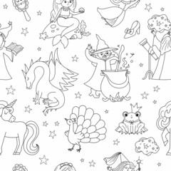 Black and white seamless pattern with fairy tale characters. Vector line repeat background with fantasy witch, unicorn, dragon, fairy, magician, mermaid, frog prince. Medieval fairytale digital paper. - obrazy, fototapety, plakaty