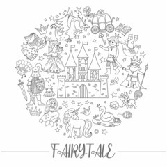 Vector black and white round frame with fairy tale characters, objects. Fairytale line card template design for banners, invitations with princess and prince. Cute fantasy coloring page.