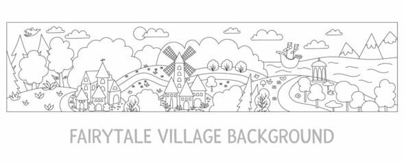 Vector black and white fairytale kingdom illustration. Fantasy line village border landscape. Cute long horizontal magic fairy tale background or coloring page with windmill, sea, forest.