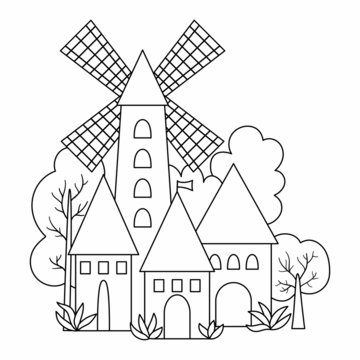 Vector coloring page Medieval village icon with windmill. Magic kingdom picture. Stone, wooden building coloring page. Countryside with towers, houses, trees. Fairy tale country town.