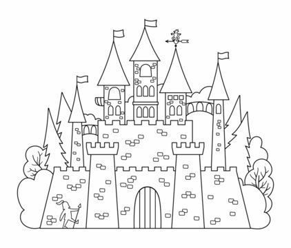 Vector black and white castle icon isolated on white background. Magic kingdom line picture. Medieval stone palace with towers, flags, gates. Fairy tale king house illustration or coloring page.
