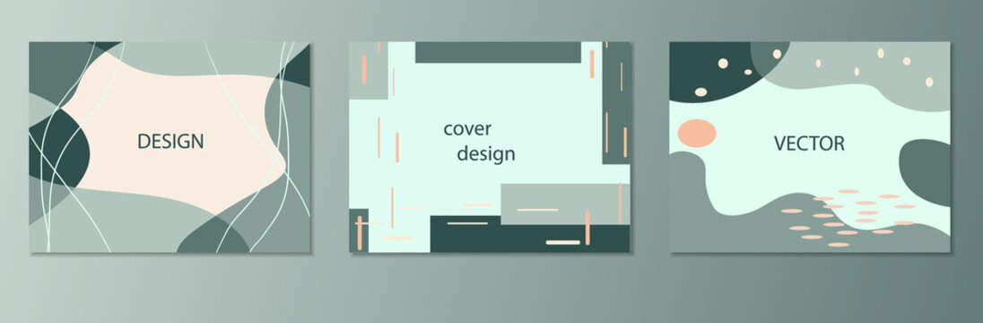 Set of abstract horizontal vector backgrounds in green and beige colors in trendy memphis style