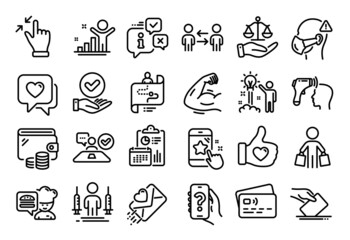Vector set of Like hand, Journey path and Approved checkbox line icons set. Calendar report, Money wallet and Credit card tag. Heart, Love letter and Buyer icons. Vector