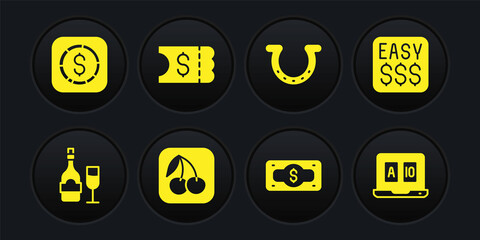 Set Champagne bottle with glass, Money prize in casino, Slot machine cherry, Stacks paper money cash, Horseshoe, Lottery ticket, Online poker table game and Coin dollar icon. Vector