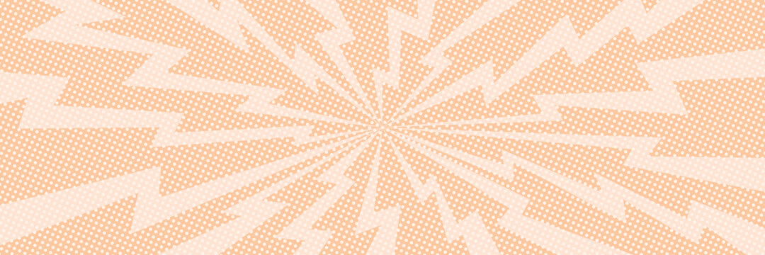 Vector background in comic book style with lightnings and polka dot pattern. Retro pop art design. Long horizontal banner.