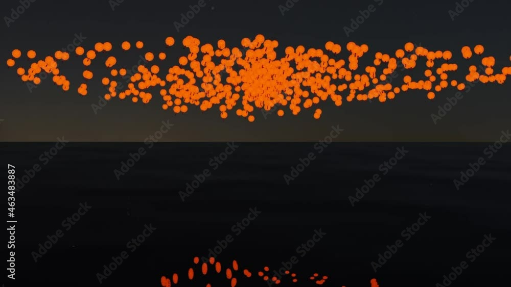 Poster abstract orange particles gathering and spreading on a dark background. design. cloud of bright sphe