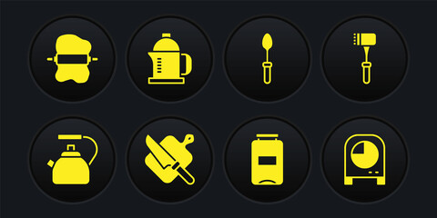 Set Kettle with handle, Kitchen hammer, Cutting board knife, Jam jar, Teaspoon, French press, timer and Rolling pin dough icon. Vector