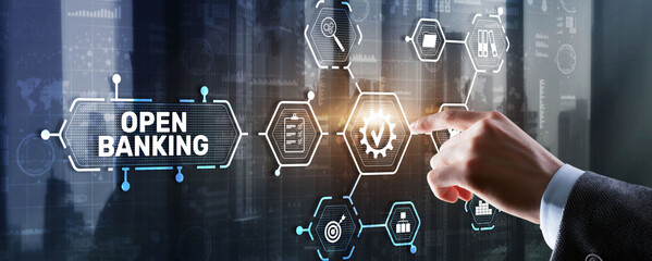 Open Banking Online Finance Concept. Man clicks on a virtual screen inscription