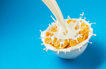 Fototapeta na wymiar Corn flakes with pouring milk and copy space