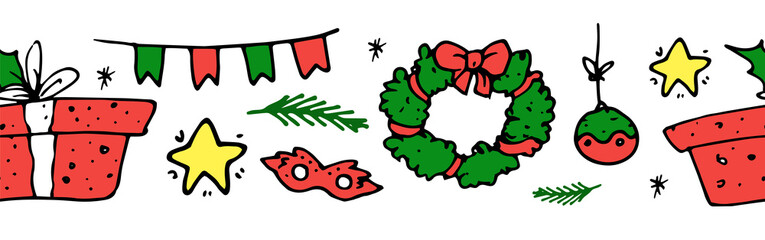 Horizontal seamless Christmas border in flat style. Insulated long strip of gift box, Christmas wreath, red, green and yellow stars for Christmas and New Year design template