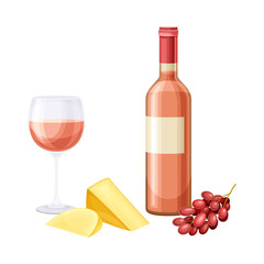 Rose Wine in Bottle and Glass with Cheese and Grapes Vector Illustration