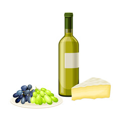 White Wine in Bottle Served with Cheese and Grapes on Plate Vector Illustration