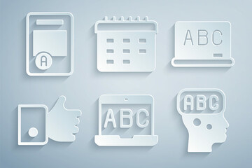 Set Foreign language online study, Chalkboard, Hand like, Learning foreign languages, School timetable and Exam sheet with A plus grade icon. Vector