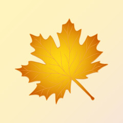 Beautiful elegant realistic golden maple leaf isolated on orange background. Vector illustration. Vector illustration