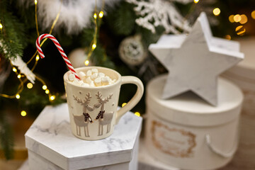 Fairy lights background, hot cocoa with marshmallows