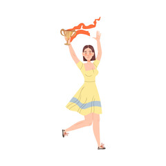 Excited Woman Winner in Dress Holding Cup Award Vector Illustration
