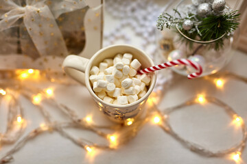 Obraz na płótnie Canvas Cup of Chocolate with Marshmallows, Christmas Decorations