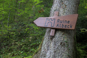 Wegweiser Ruine Albeck an Baum im Wald 