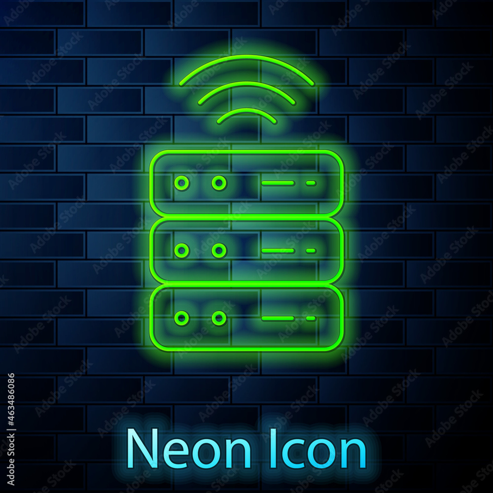 Poster glowing neon line smart server, data, web hosting icon isolated on brick wall background. internet o