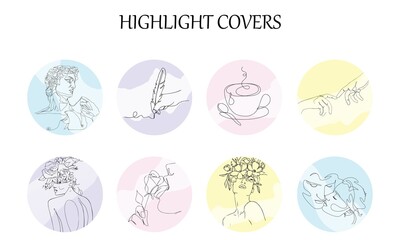 Vector collection of highlight covers for social media with one line elements. Continuous line art in minimalistic style for social media. Set of pastel background with line art for social network