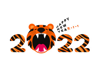 Happy Chinese New Year 2022. Cartoon cute roaring tiger head with 2022 year words. Tiger is Zodiac symbol of 2022 New year. Greeting card with text Happy New Year. EPS vector illustration.