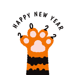 Happy Chinese New Year 2022. Close-up of cartoon cute tiger paw with 2022 on the claws. Tiger is Zodiac symbol of 2022 New year. Greeting card with text Happy New Year. EPS vector illustration.