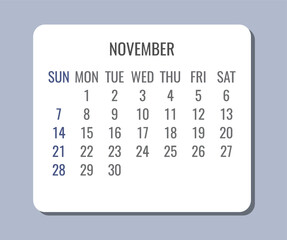 November year 2021 monthly minimalist calendar