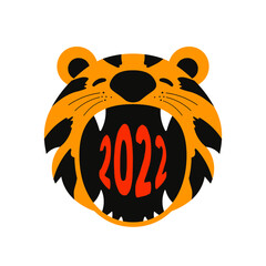 Year of the water tiger. 2022 year. Vector illustration. Happy New Year 2022 logo text tiger design. Logotype of the year. Roar. The tiger's head with fangs growls