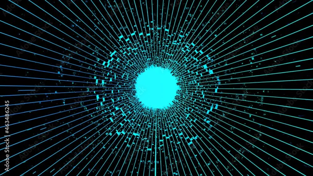 Poster moving inside an abstract digital corridor towards blue glowing core. design. spinning tunnel with r