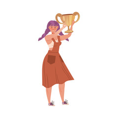Excited Woman Winner with Purple Braided Hair Holding Cup Award Vector Illustration