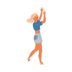 Excited Blond Woman in Denim Shorts with Raised Hands Cheering About Something Vector Illustration